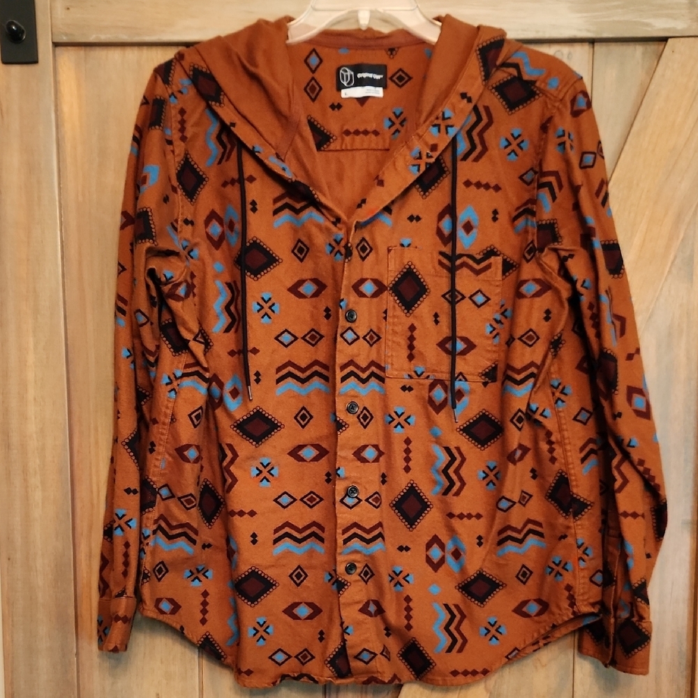 Geometric Patterned Cotton Hoodie Shacket
